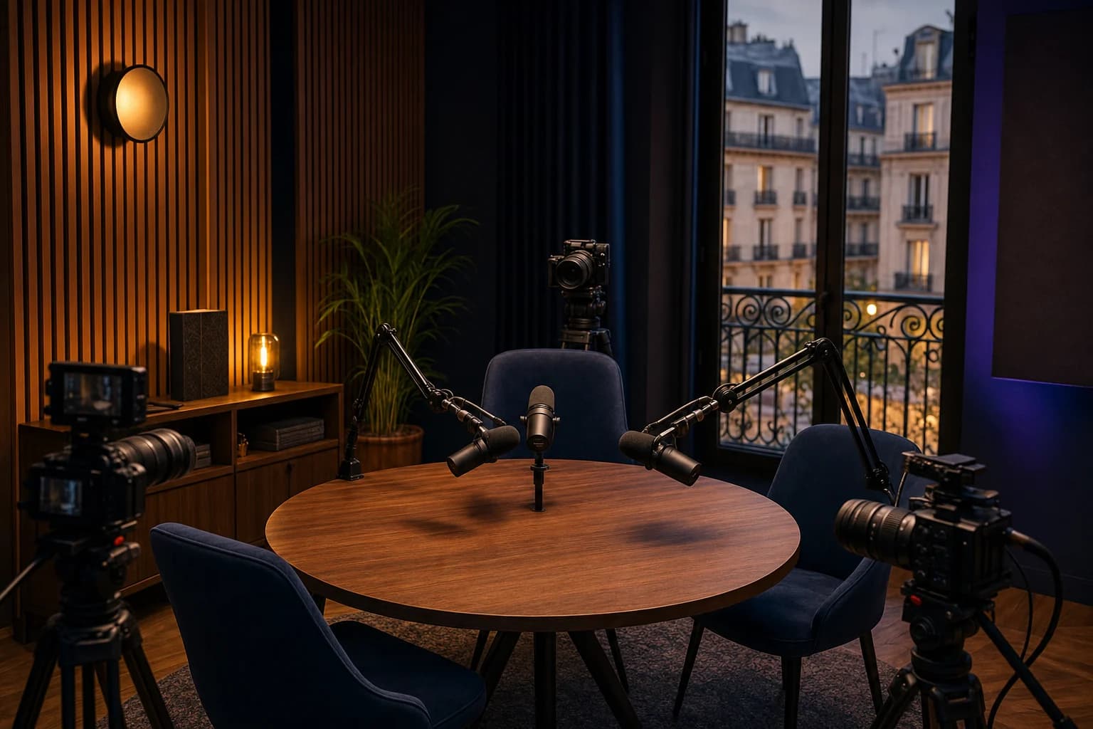 Studio podcast Troubadours avec micros et caméras